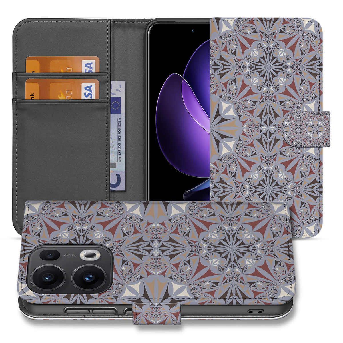 OPPO Reno 13 Pro Bookcase Flower Tiles cover bloemmotieven geometrisch voorzijde