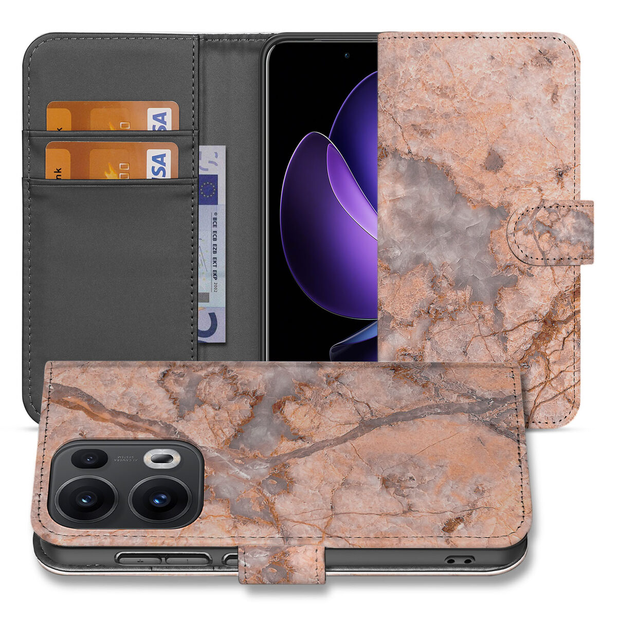 OPPO Reno 13 Pro Bookcase Marmer Oranje hoesje design marmer aanzicht