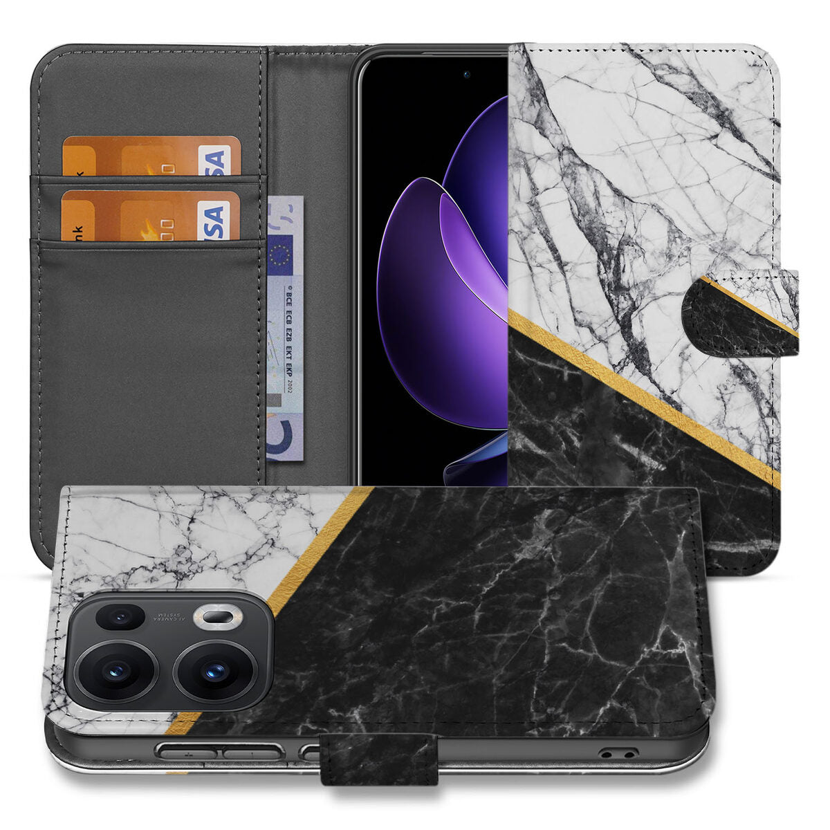 OPPO Reno 13 Pro Bookcase Marmer Wit Zwart hoesje design marmer aanzicht