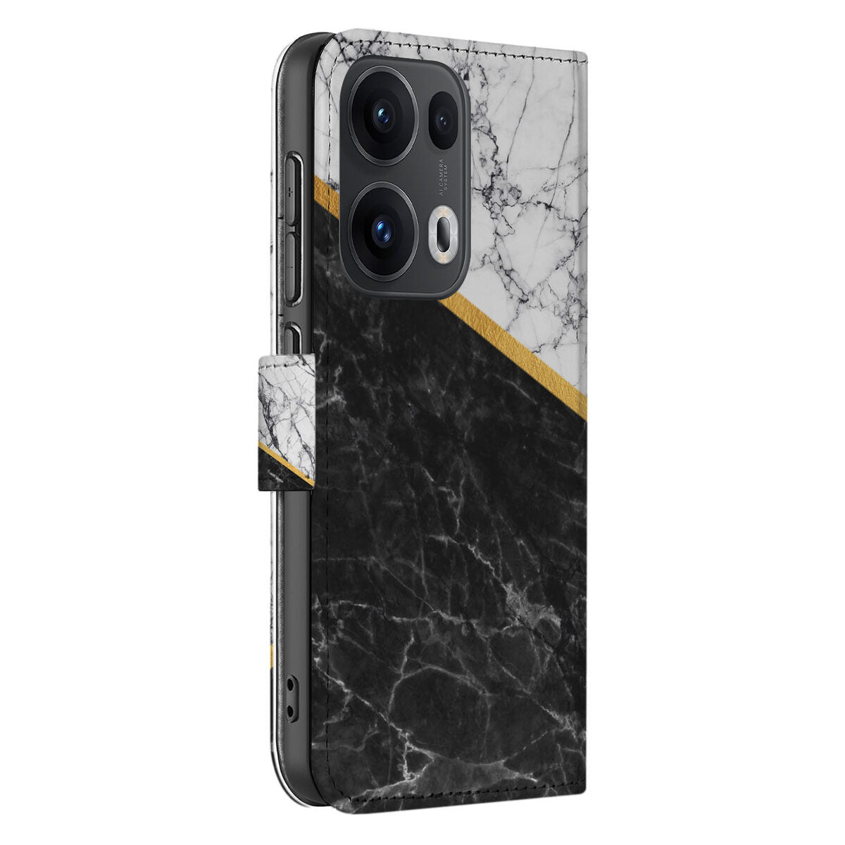 OPPO Reno 13 Pro Bookcase Marmer Wit Zwart hoesje marmer zwart aanzicht