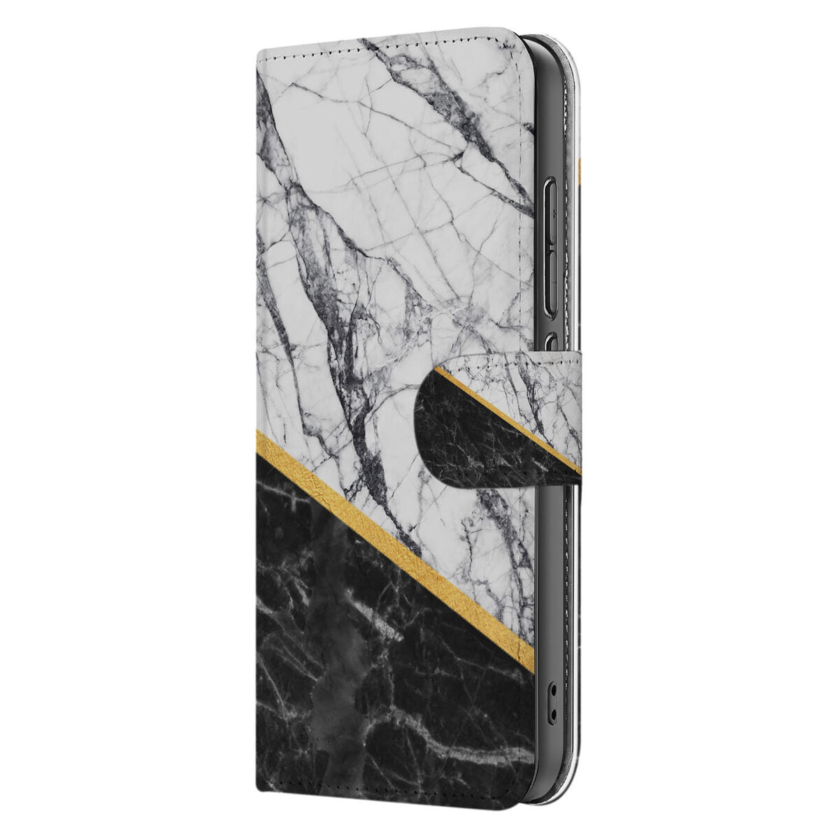OPPO Reno 13 Pro Bookcase Marmer Wit Zwart bookcase marmer zwart wit zijaanzicht