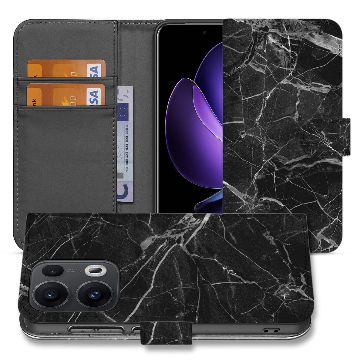 OPPO Reno 13 Pro Bookcase Marmer Zwart boekhoes zwart marmer voorzijde achterzijde