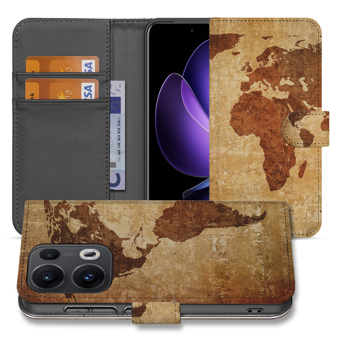 OPPO Reno 13 Pro Flip Cover Wereldkaart hoesje wereldkaart design voorkant