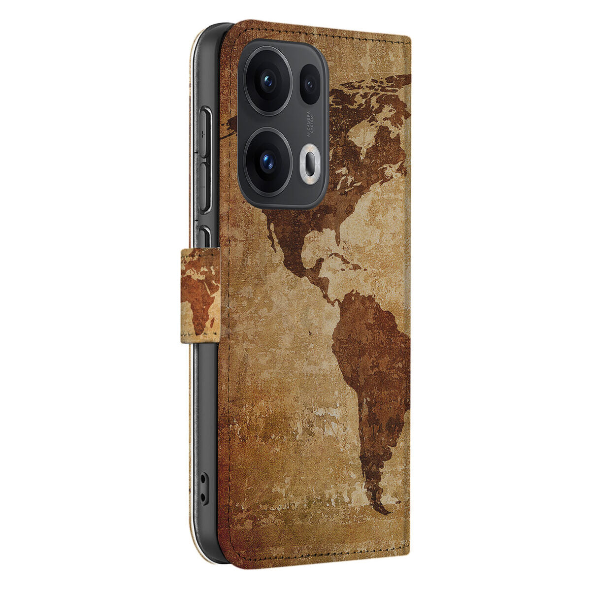 OPPO Reno 13 Pro Flip Cover Wereldkaart wereldkaart bruin vintage aanzicht