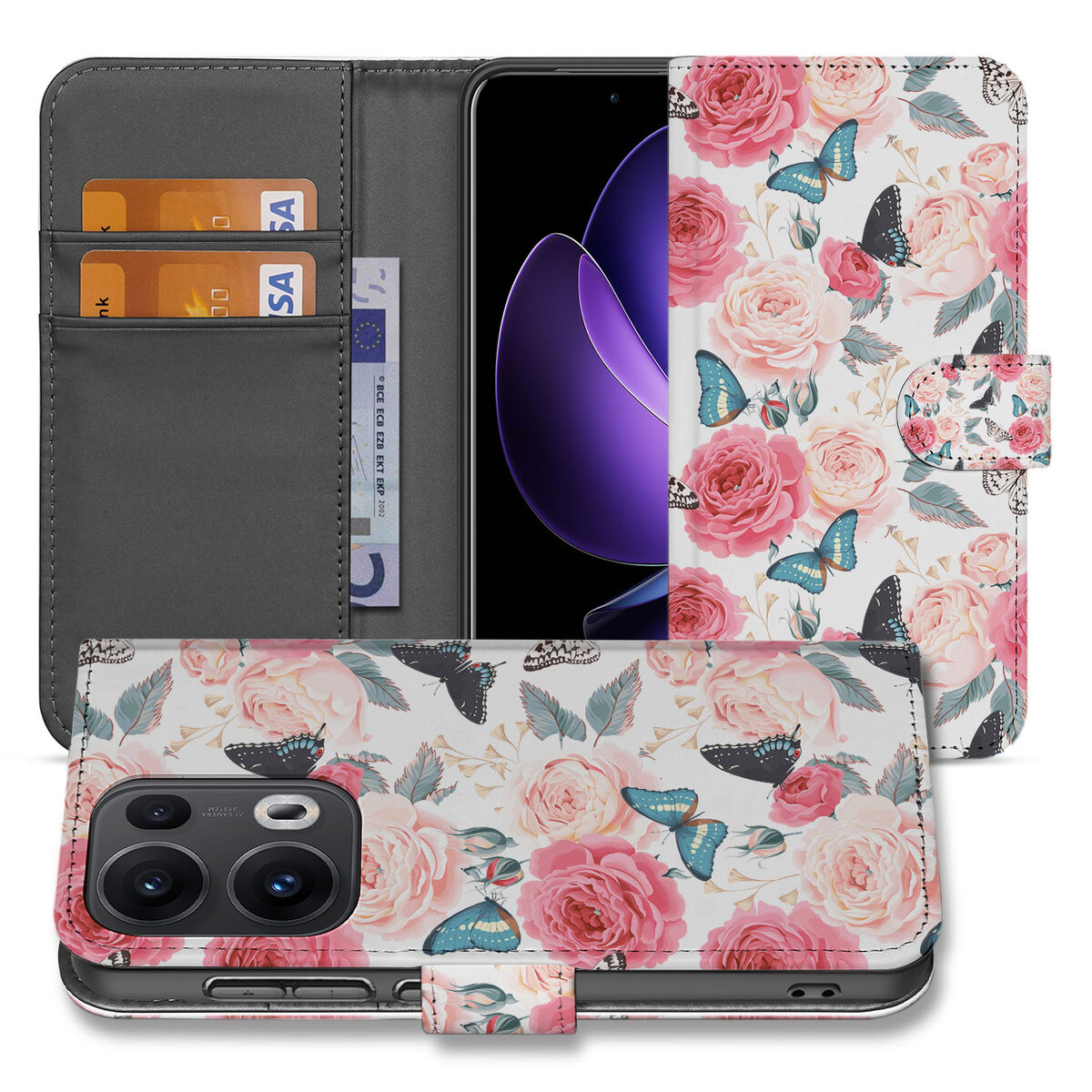 OPPO Reno 13 Pro Hoesje Butterfly Roses hoesje design buitenaanzicht