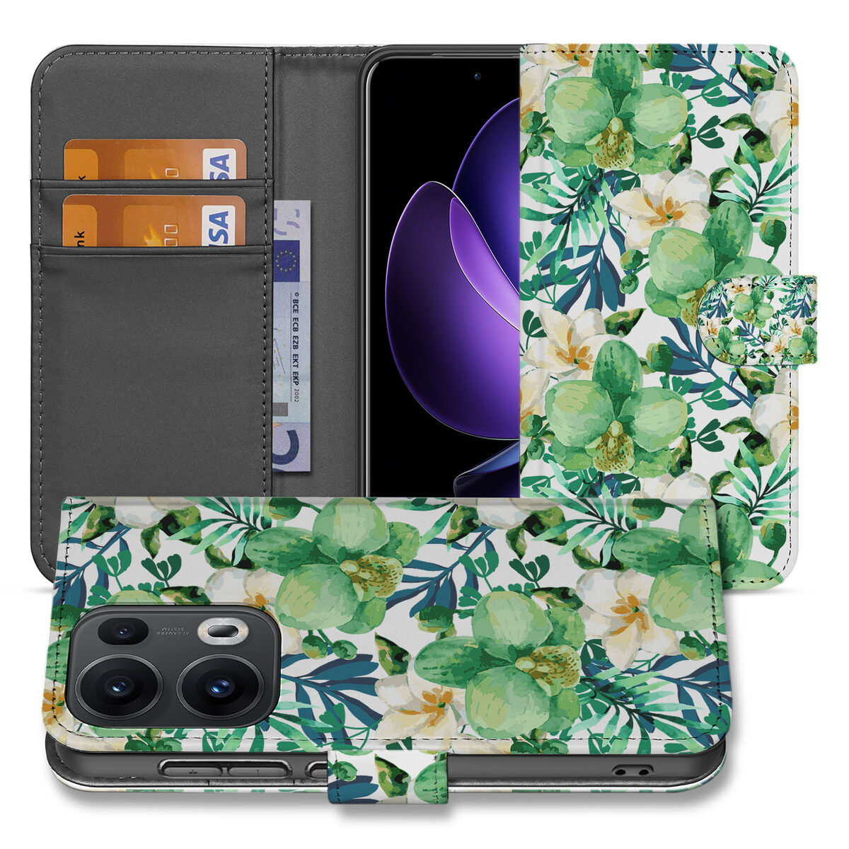 OPPO Reno 13 Pro Hoesje Orchidee Groen bloemen design vooraanzicht