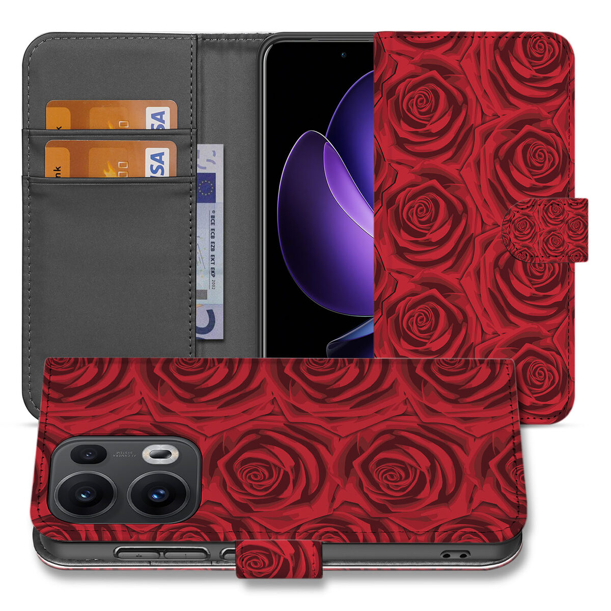 OPPO Reno 13 Pro Hoesje Red Roses bookcase rode rozen voorkant weergave