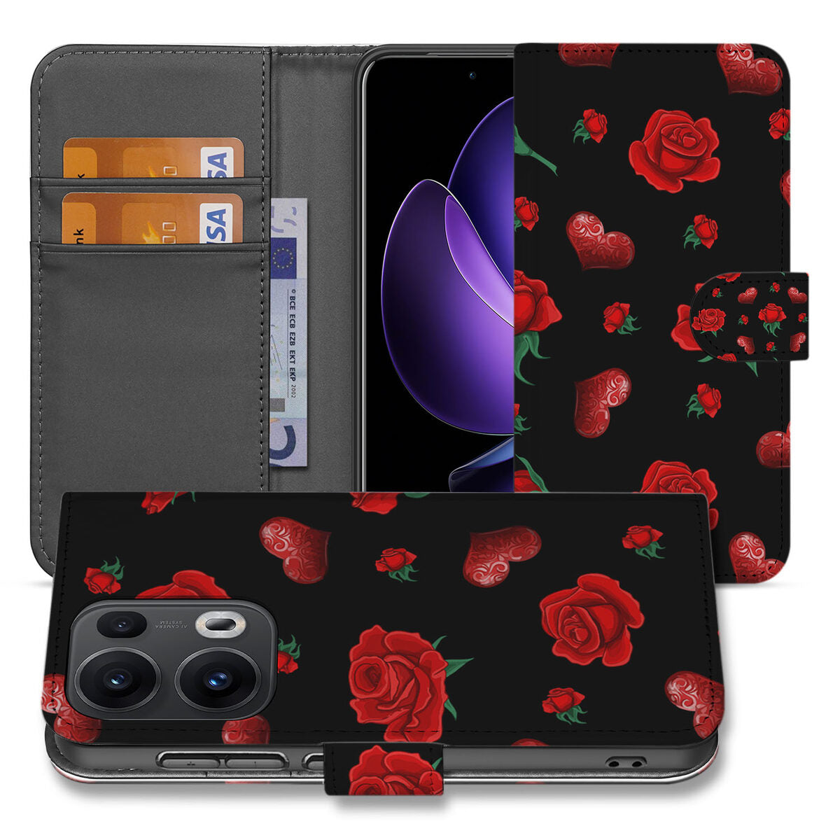 OPPO Reno 13 Pro Leuk Hoesje Valentine zwart rozen design aanzicht