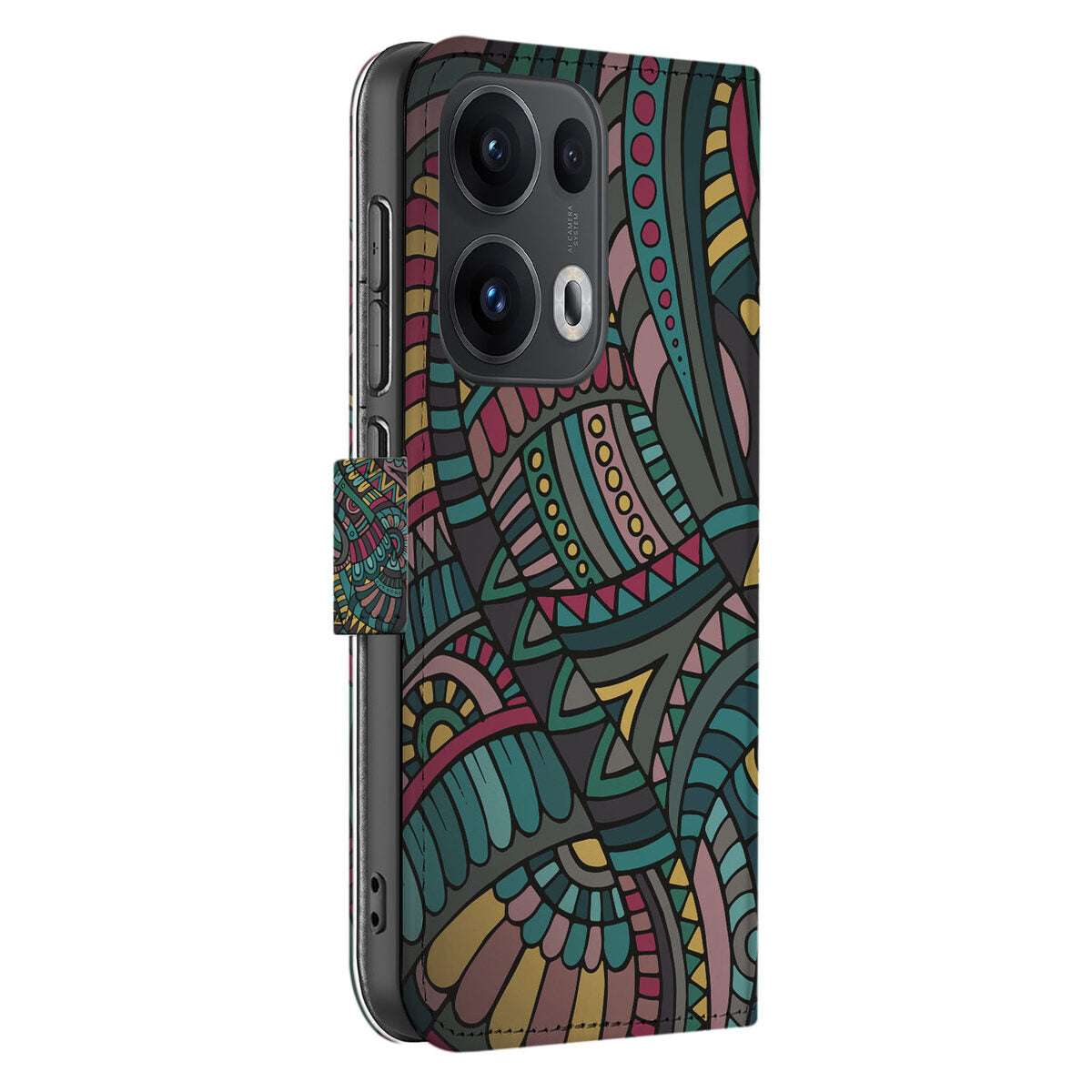 OPPO Reno 13 Pro Telefoon Hoesje Aztec bookcase hoesje zijaanzicht