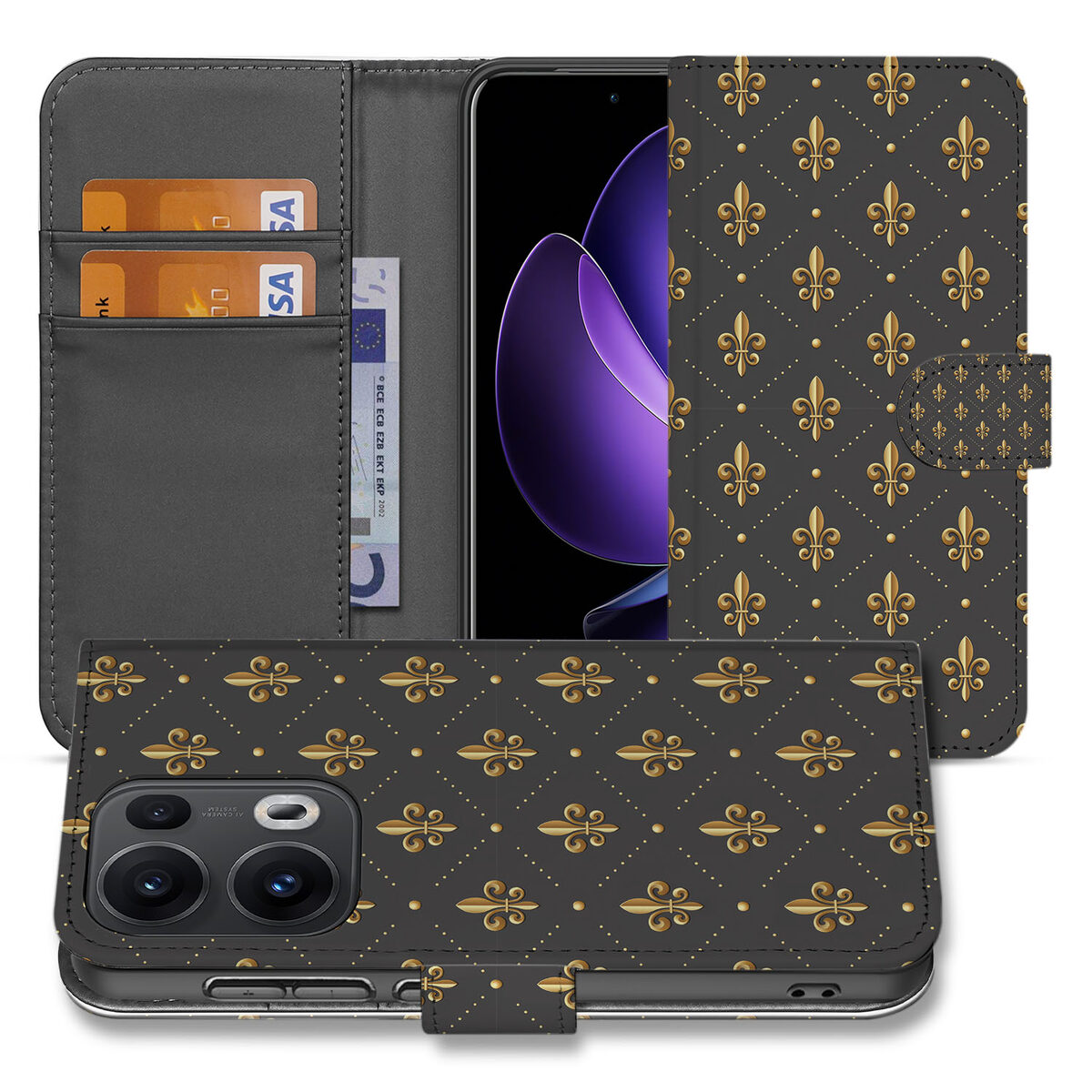 OPPO Reno 13 Pro Telefoon Hoesje Franse Lelie wallet case fleur de lis design zwart