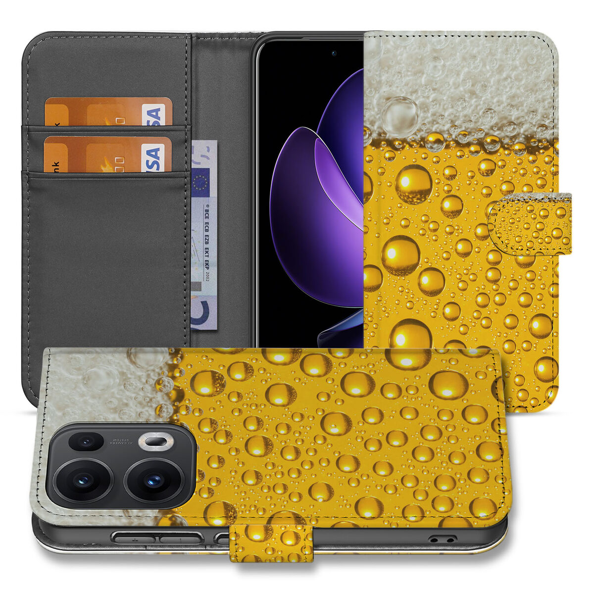 OPPO Reno 13 Pro Telefoonhoesje met Pasjes – Bier Design  voorkant achterkant close-up