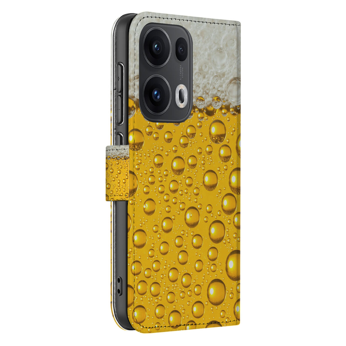 OPPO Reno 13 Pro Telefoonhoesje met Pasjes Bier Design zijkant met bubbels