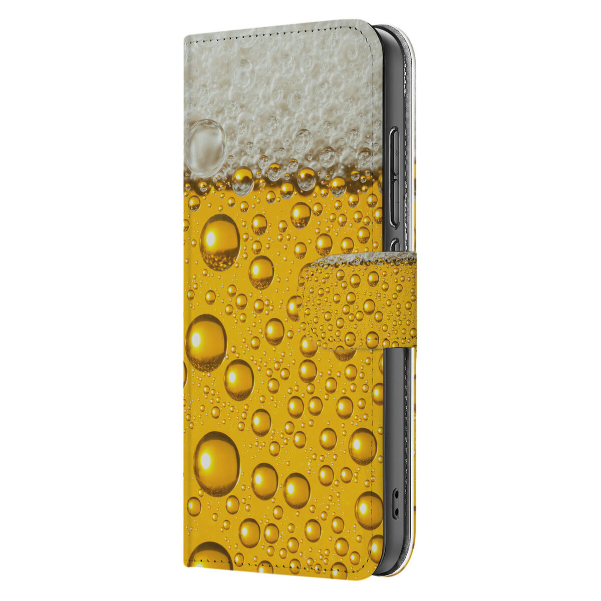 OPPO Reno 13 Pro Telefoonhoesje met Pasjes Bier Design zijaanzicht met gouden bierbubbles en schuimlaag