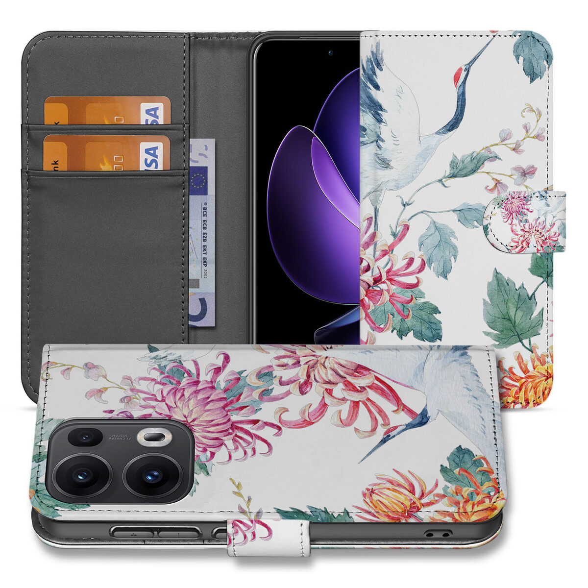 OPPO Reno 13 Pro Telefoonhoesje met Pasjes Bird Flowers vooraanzicht design