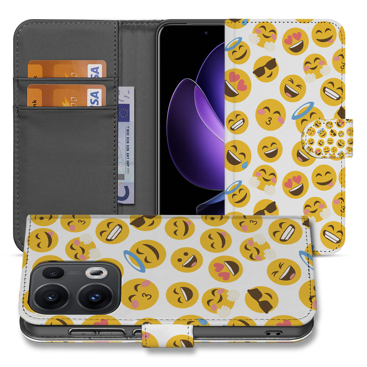 OPPO Reno 13 Pro Telefoonhoesje met Pasjes Emoji Design vooraanzicht achteraanzicht