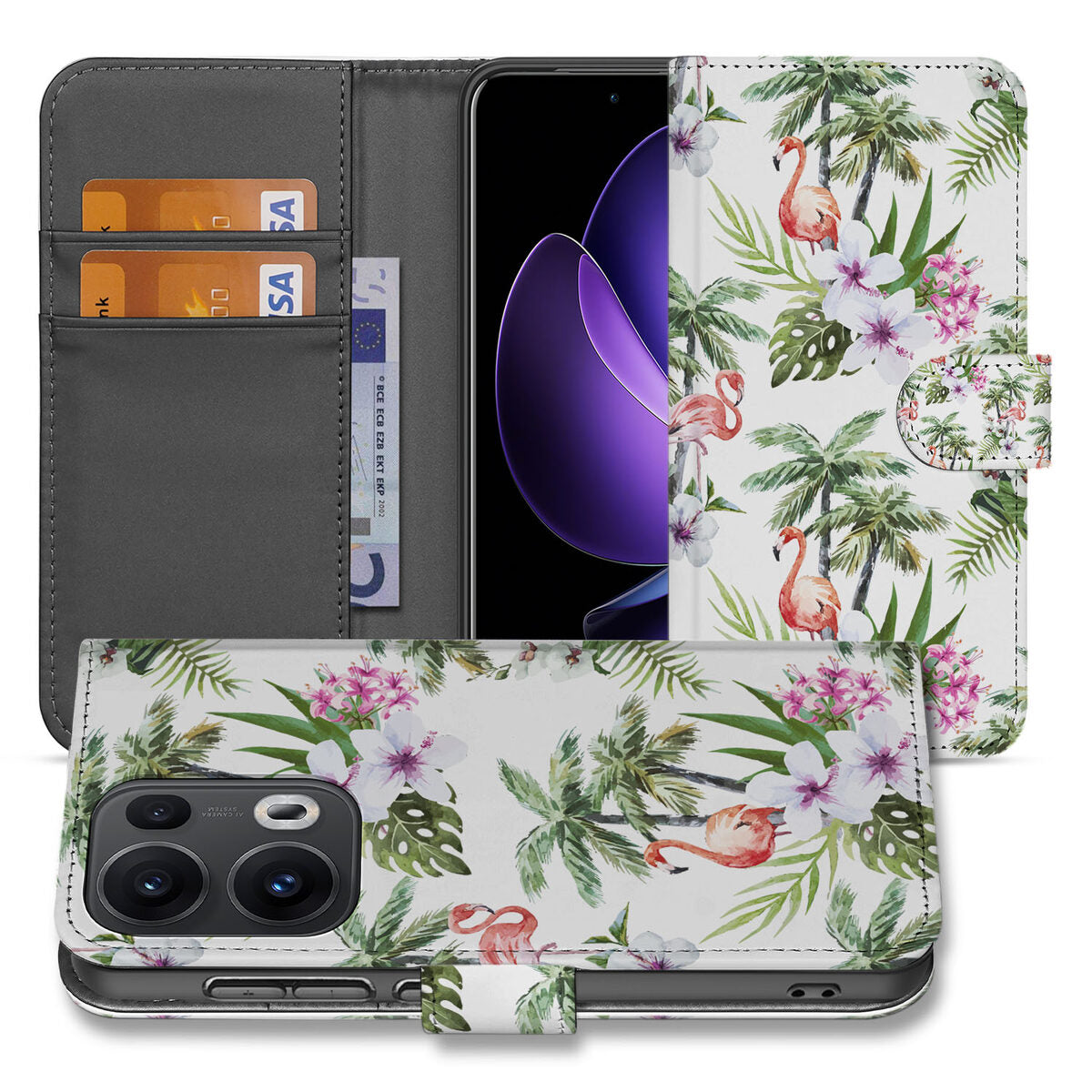 OPPO Reno 13 Pro Telefoonhoesje met Pasjes Flamingo Palms voorkant design palmbomen flamingo's