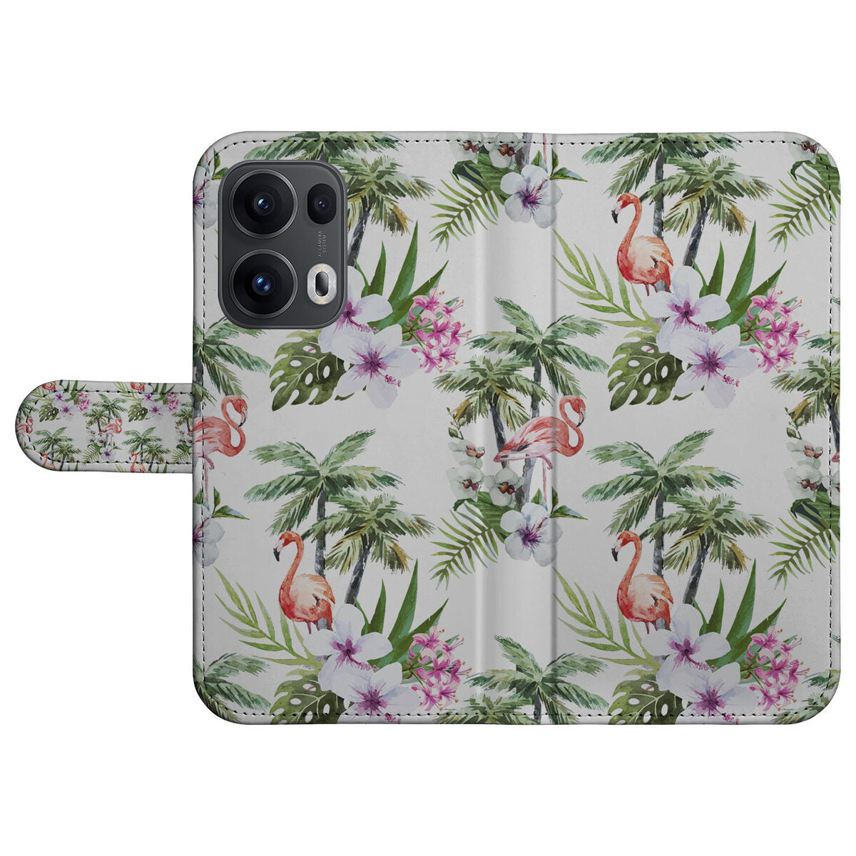 OPPO Reno 13 Pro Telefoonhoesje met Pasjes Flamingo Palms design bovenaanzicht