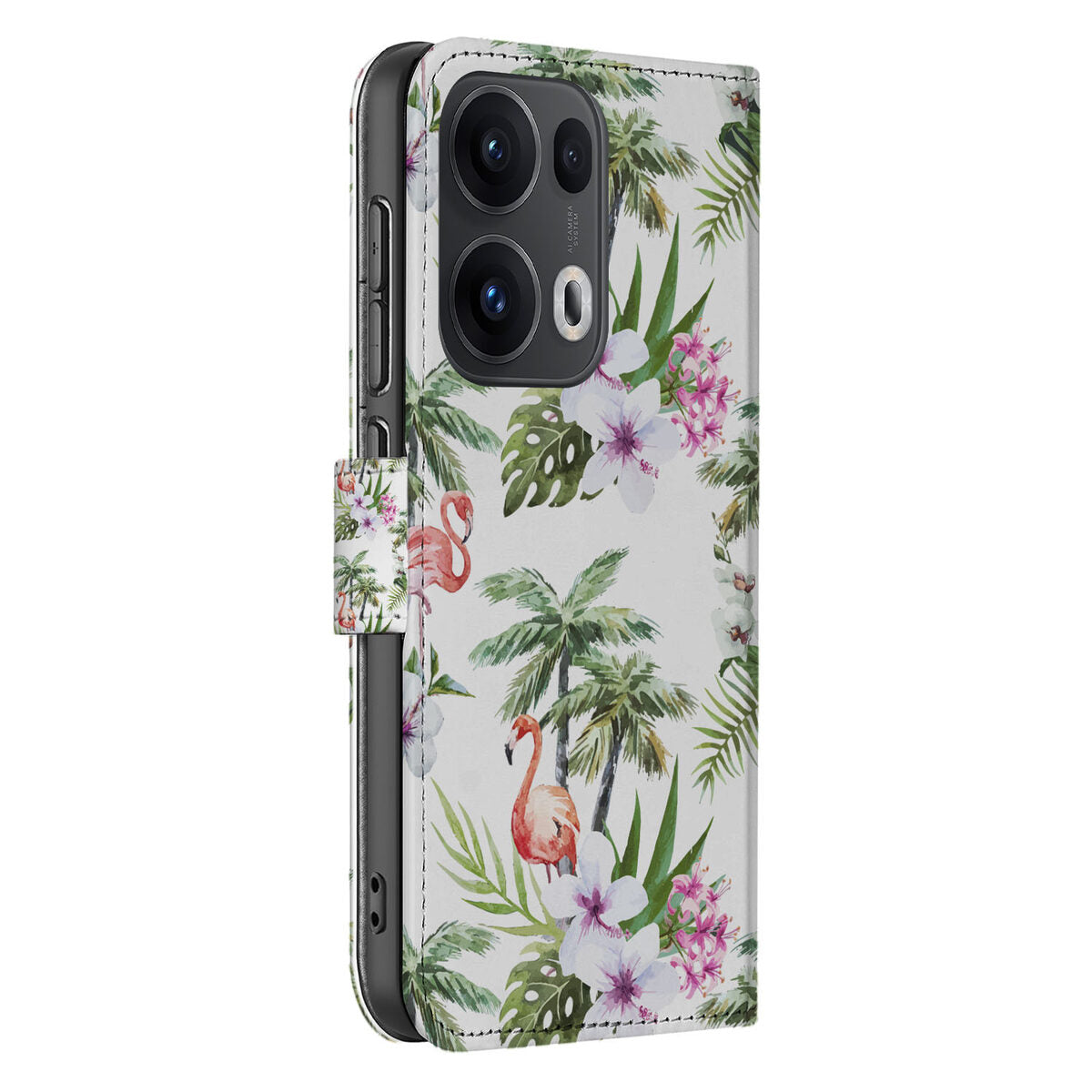 OPPO Reno 13 Pro Telefoonhoesje met Pasjes Flamingo Palms zijaanzicht