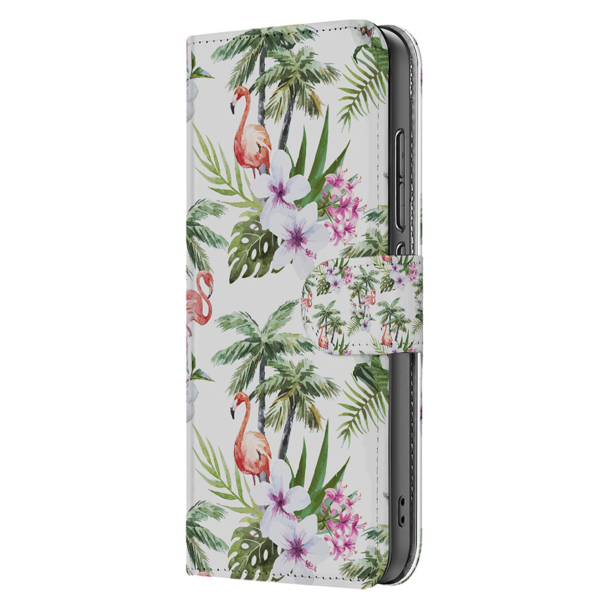 OPPO Reno 13 Pro Telefoonhoesje met Pasjes Flamingo Palms zijaanzicht ontwerp tropisch