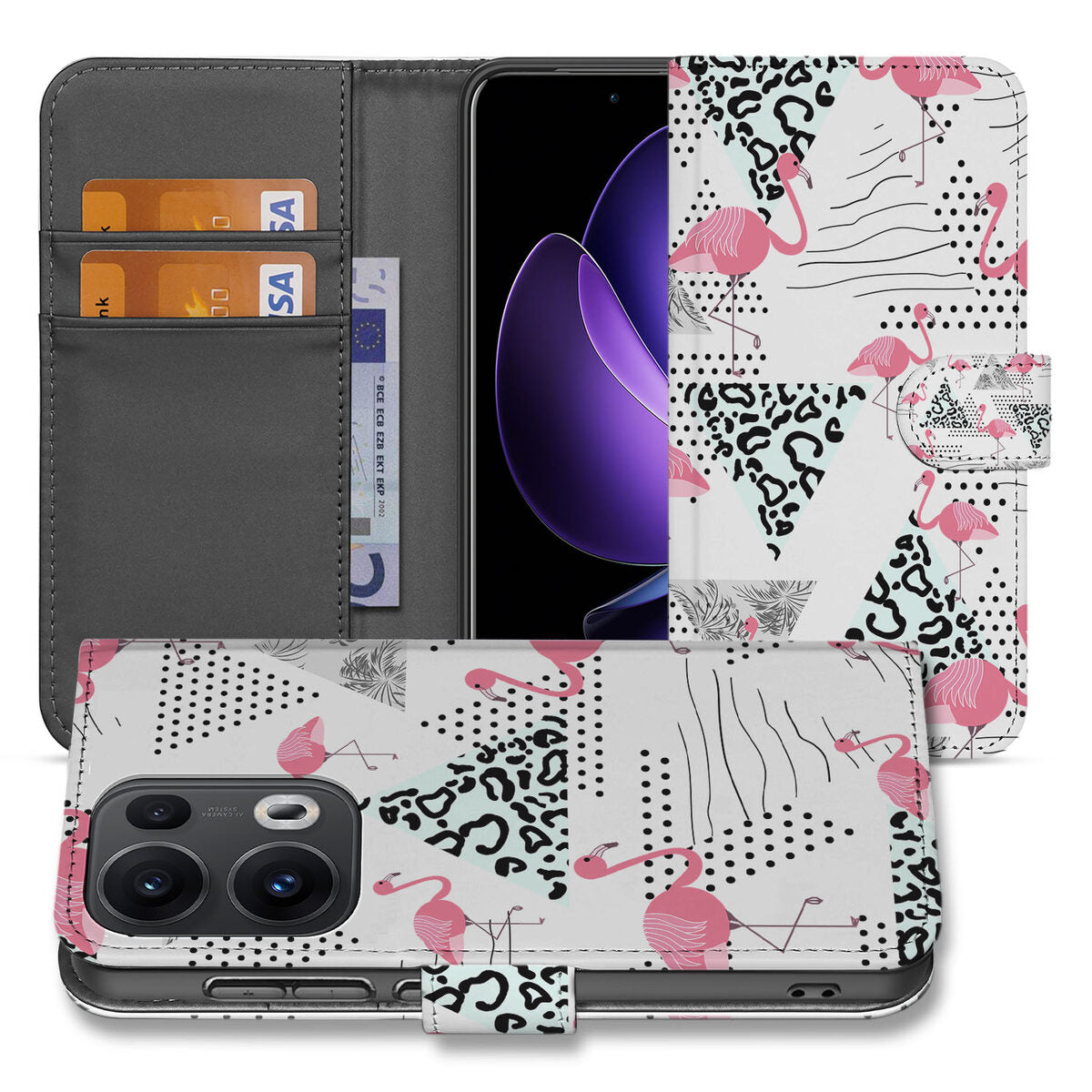 OPPO Reno 13 Pro Telefoonhoesje met Pasjes Flamingo Triangle voorkant achterzijde