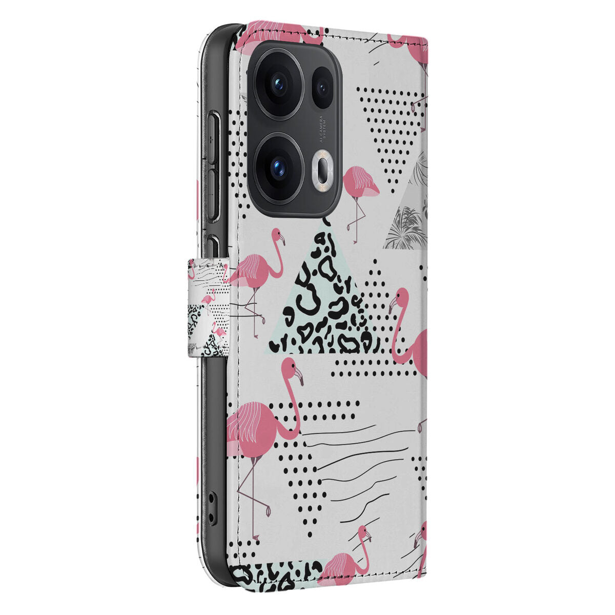 OPPO Reno 13 Pro Telefoonhoesje met Pasjes Flamingo Triangle zijaanzicht