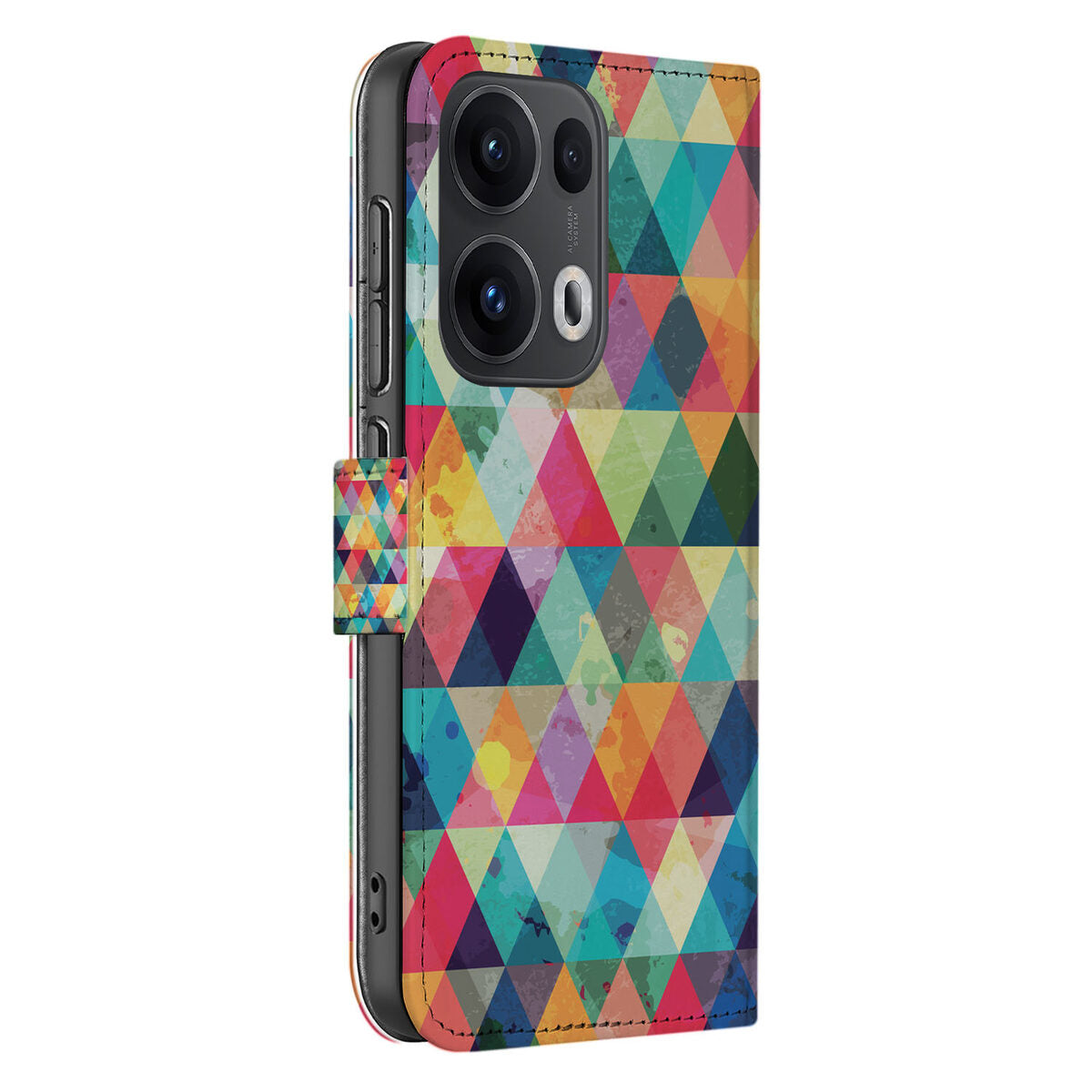 OPPO Reno 13 Pro Telefoonhoesje met Pasjes – Geruit Design zijaanzicht kleurrijk geometrisch