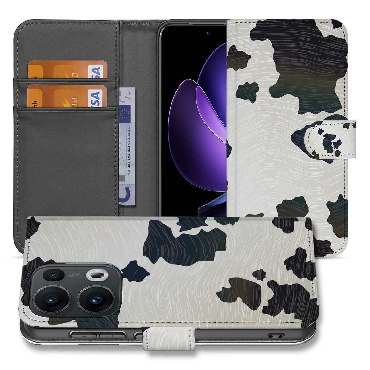 OPPO Reno 13 Pro Telefoonhoesje met Pasjes Koeienvlekken ontwerp voorkant