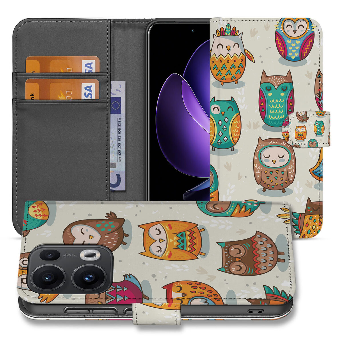OPPO Reno 13 Pro Telefoonhoesje met Pasjes Vrolijke Uilen voorkant achterkant detail