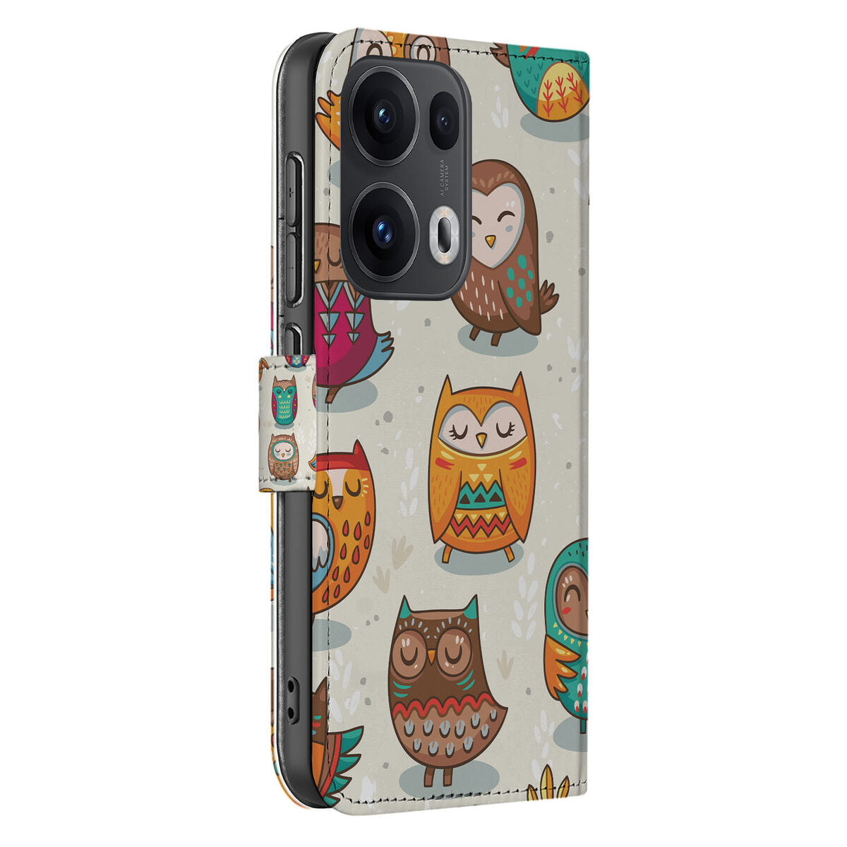 OPPO Reno 13 Pro Telefoonhoesje met Pasjes Vrolijke Uilen design vrolijke uilen zijkant
