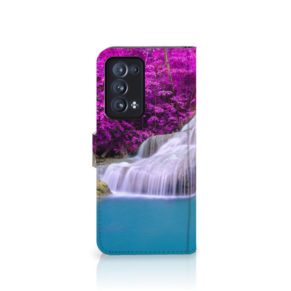 OPPO Reno 6 Pro Plus 5G Flip Cover Waterval kleurrijk kalme waterval paarse bomen aanzicht