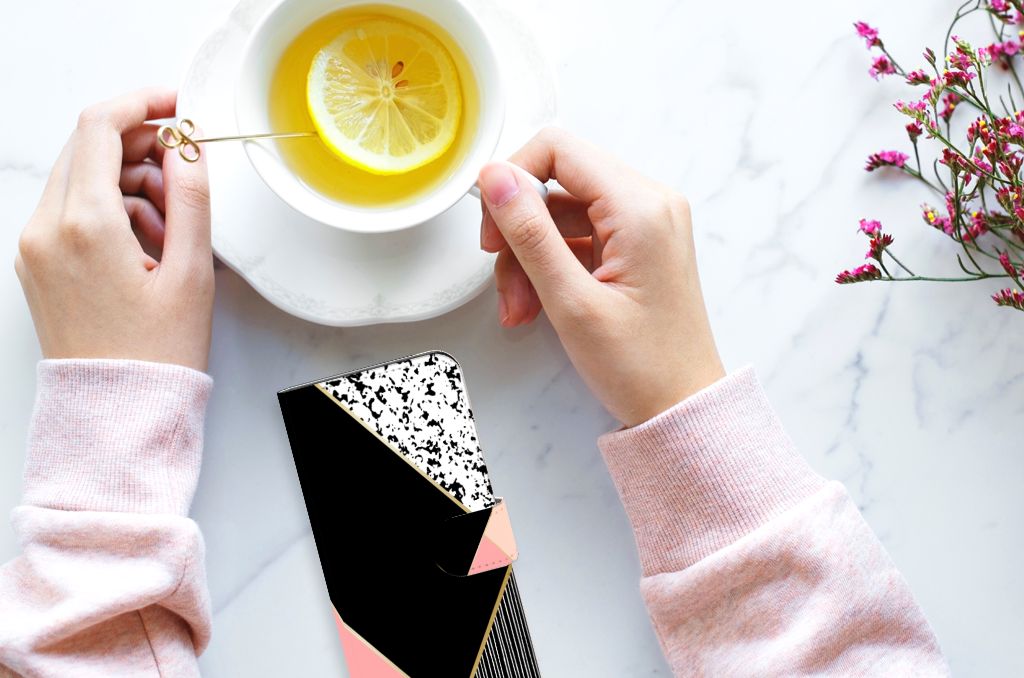 OPPO Reno10 | 10 Pro Book Case Zwart Roze Vormen geometrisch design hand boven thee