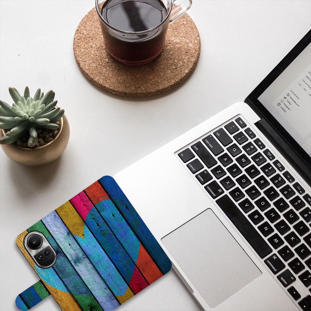 OPPO Reno10 10 Pro Book Style Case Wood Heart bovenaanzicht