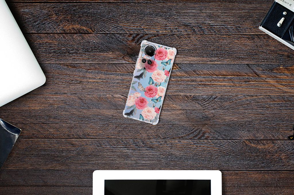 OPPO Reno10 10 Pro Case Butterfly Roses bovenaanzicht smartphonehoesje bloemen