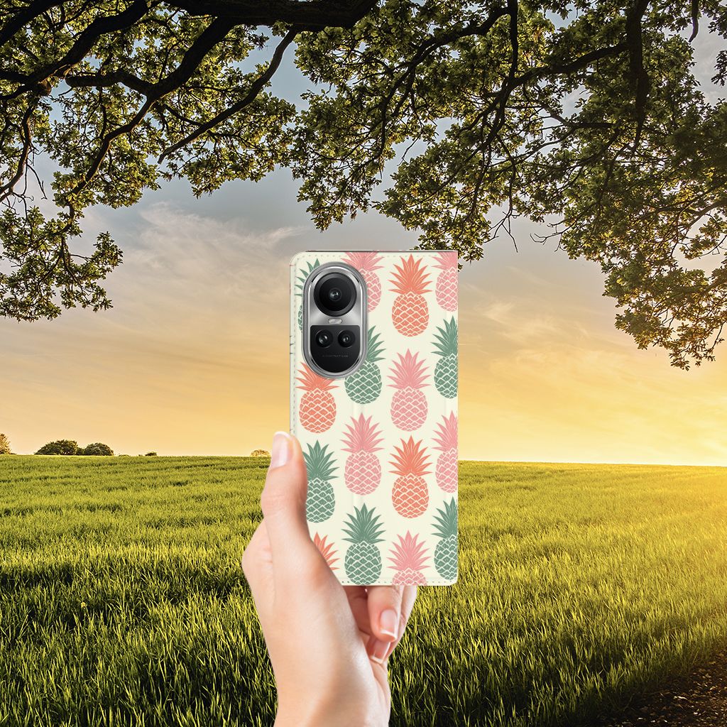 OPPO Reno10 10 Pro Flip Style Cover Ananas hand met telefoon hoesje zonsondergang natuur