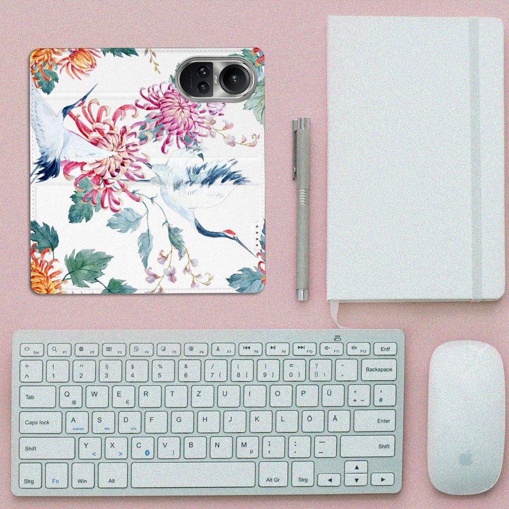OPPO Reno10 | 10 Pro Hoesje maken Bird Flowers bloemen ooievaars bovenaanzicht