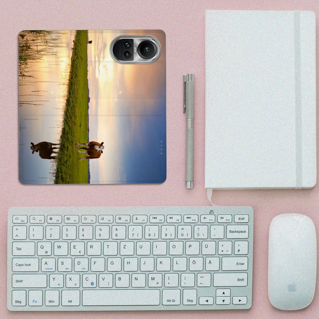 OPPO Reno10 | 10 Pro Hoesje maken Koe koeën grazend ondergaande zon ontwerp