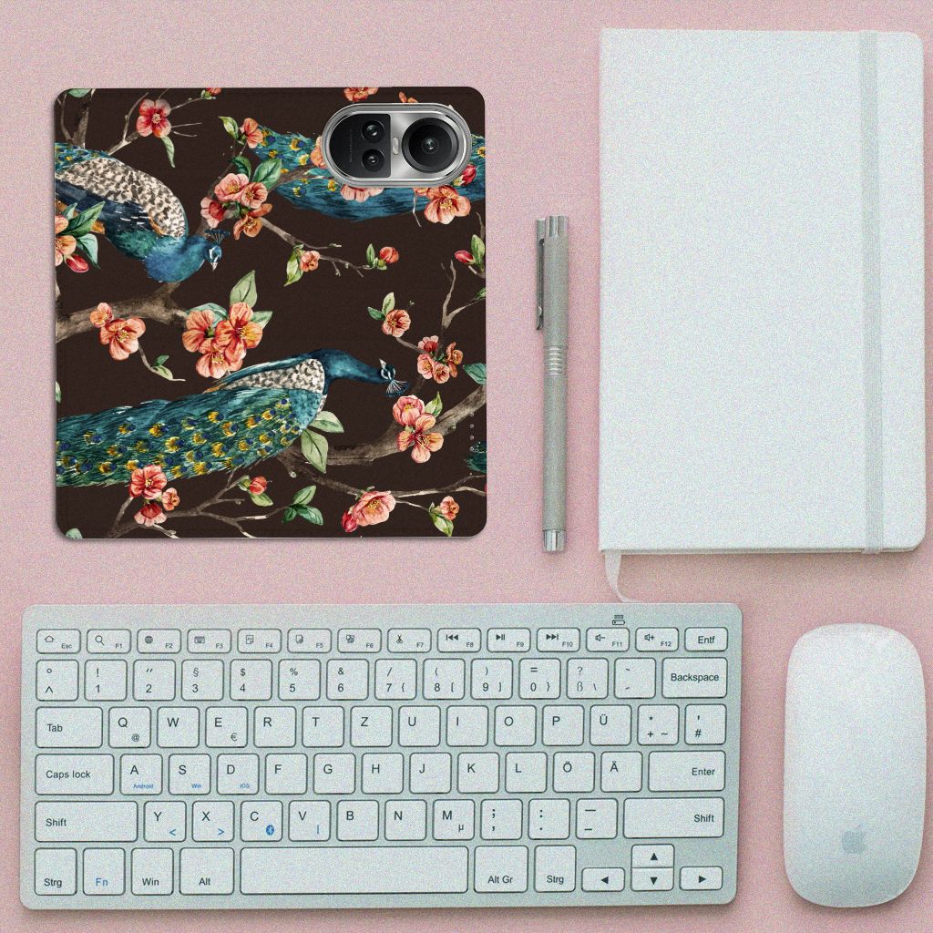 OPPO Reno10 | 10 Pro Hoesje maken Pauw met Bloemen design pauwen bloemen aanzicht