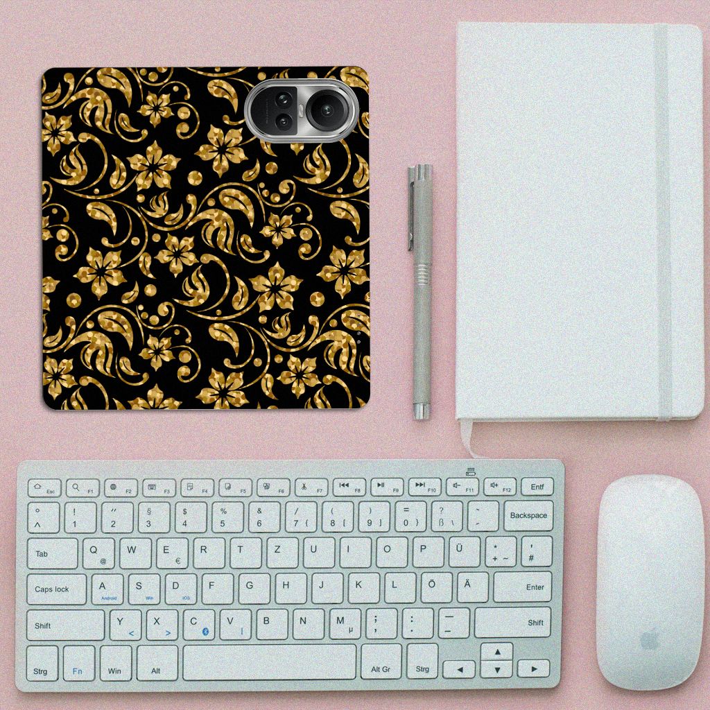 OPPO Reno10 | 10 Pro Smart Cover Gouden Bloemen design bovenaanzicht