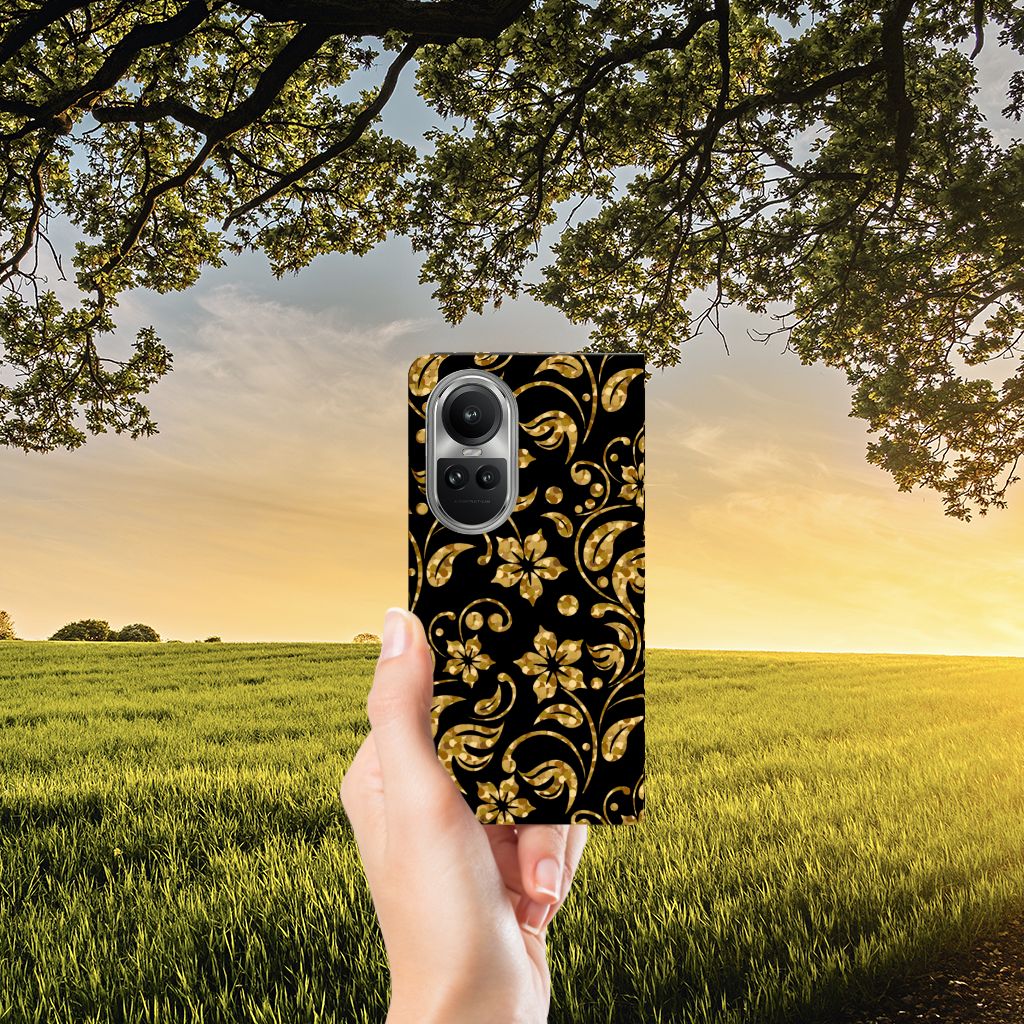 OPPO Reno10 | 10 Pro Smart Cover Gouden Bloemen hand met hoesje natuur