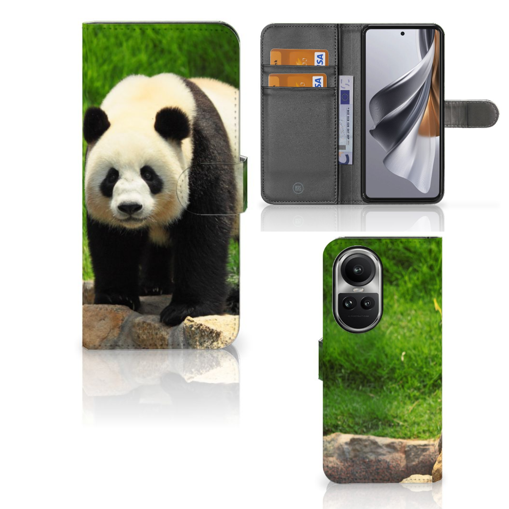 OPPO Reno10 | 10 Pro Telefoonhoesje met Pasjes Panda telefoonhoesje panda ontwerp voorkant zijkant binnenkant