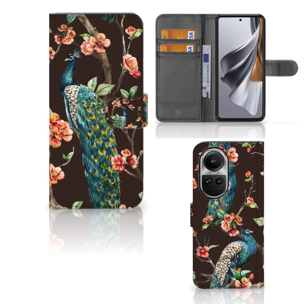 OPPO Reno10 | 10 Pro Telefoonhoesje met Pasjes Pauw met Bloemen design voorkant binnenkant