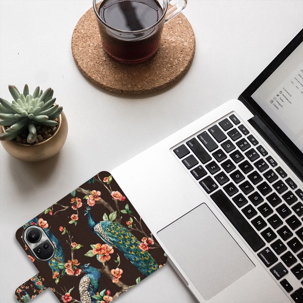 OPPO Reno10 | 10 Pro Telefoonhoesje met Pasjes Pauw met Bloemen telefoonhoesje pauw bloemen bovenaanzicht