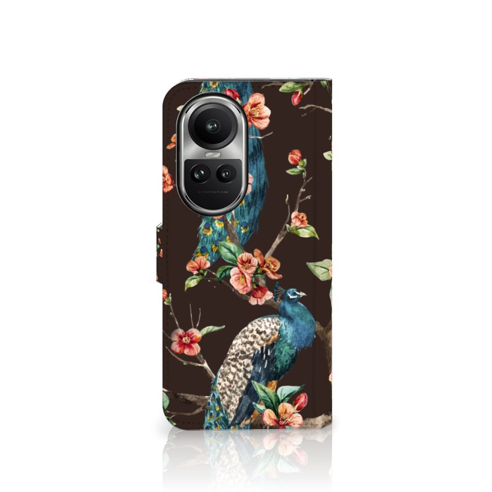 OPPO Reno10 | 10 Pro Telefoonhoesje met Pasjes Pauw met Bloemen telefoonhoesje pauw bloemen vooraanzicht