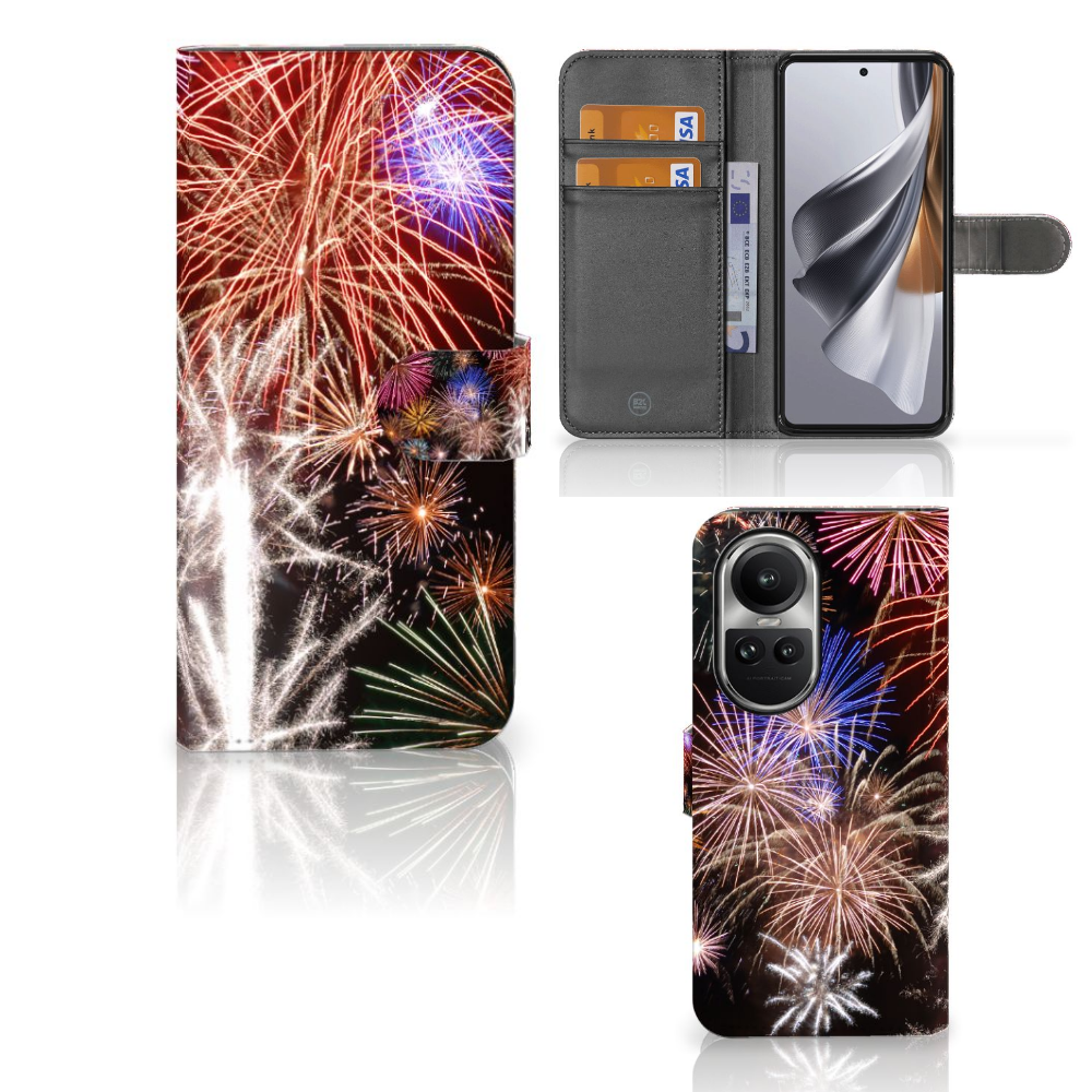 OPPO Reno10 | 10 Pro Wallet Case met Pasjes Vuurwerk siervuurwerk design voorzijde zijaanzicht