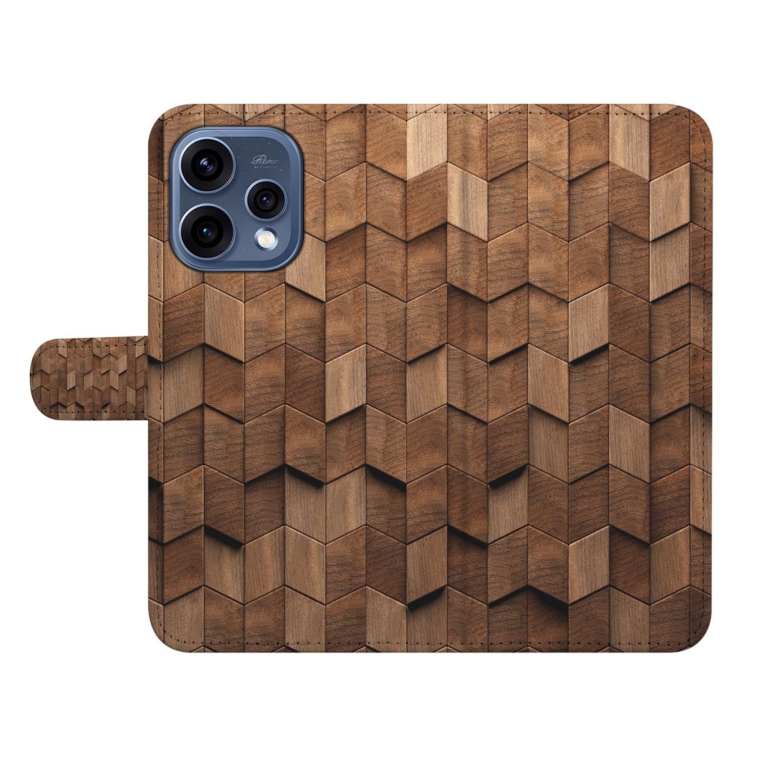 OPPO Reno15 boekhoesje Houtblokken – close-up van het kunstleer