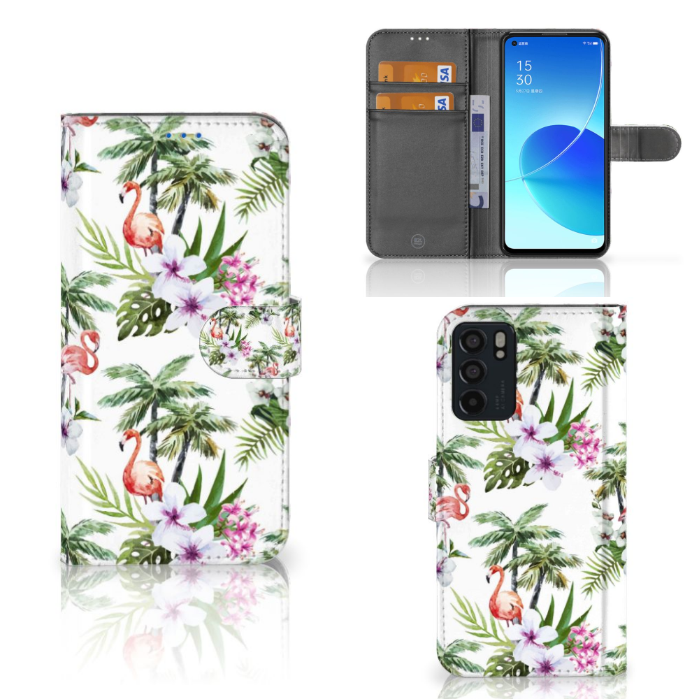 OPPO Reno6 5G Telefoonhoesje met Pasjes Flamingo Palms telefoonhoesje met pasjes design flamingo palmen aanzicht