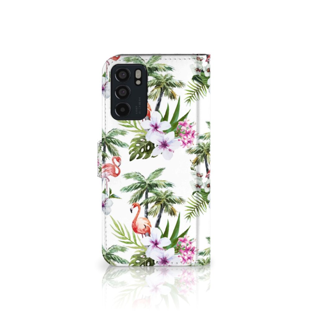 OPPO Reno6 5G Telefoonhoesje met Pasjes Flamingo Palms hoesje design tropische bloemen palmbomen flamingo's