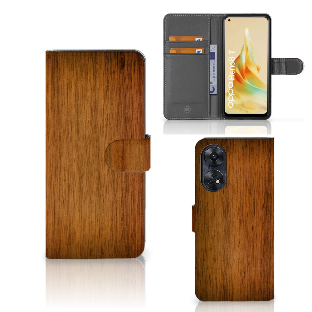 OPPO Reno8 T 4G Book Style Case Donker Hout boekstijl voorkant achterkant binnenzijde