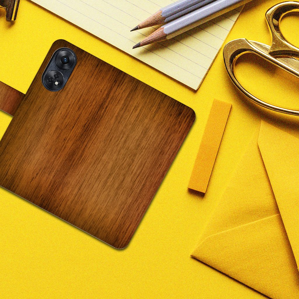 OPPO Reno8 T 4G Book Style Case Donker Hout houten hoesje bovenaanzicht