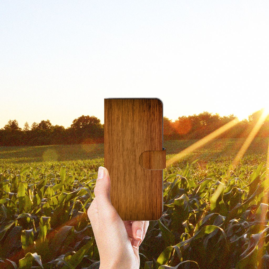 OPPO Reno8 T 4G Book Style Case Donker Hout houten hoesje hand veld zonlicht